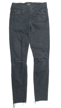 Mother LOOKER Ankle Fray Jeans Womens 24 Black Mid-Rise Skinny Stretch Distresse